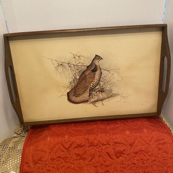 Other - Large Vintage Wood Serving Tray Pheasant Grouse Nature Scene‎ Wooden 19" x 12"